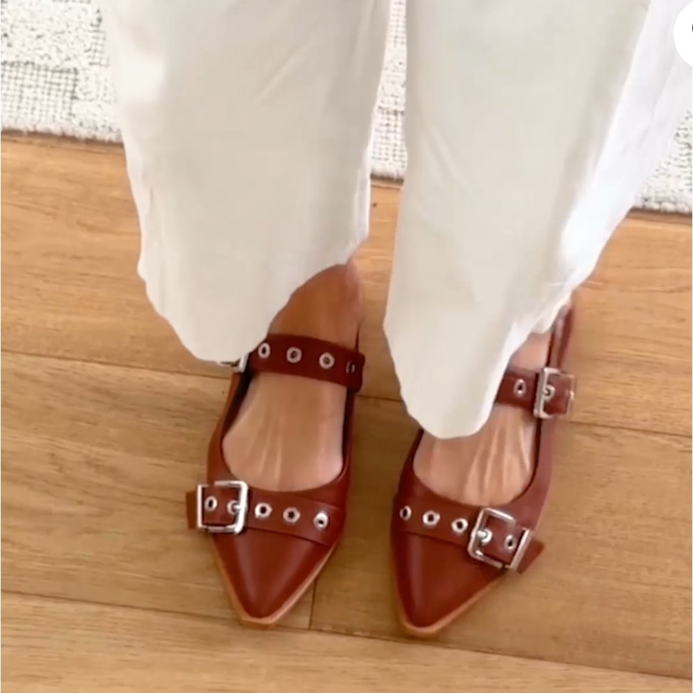 Quince Cognac Pointed-Toe Flats with Buckle & Grommet Straps